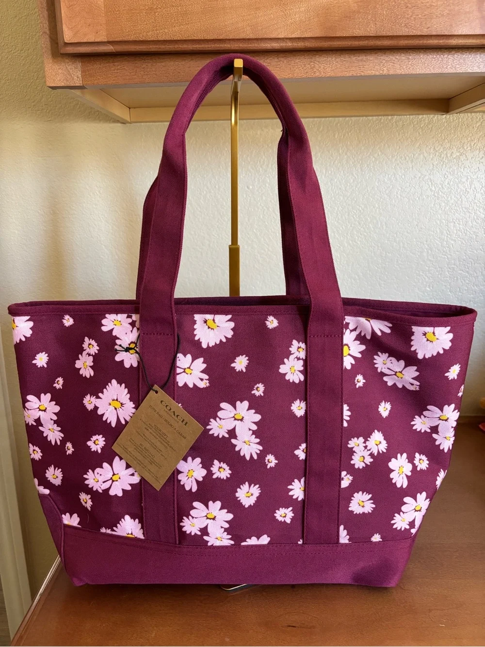 Coach Floral Canvas Tote Bag in Burgundy with Pink Daisies
